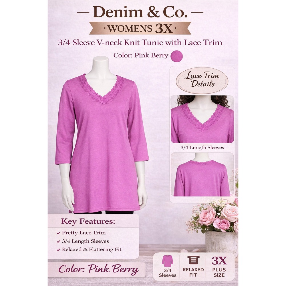 Denim & Co Womens 3X Pink Berry 3/4 Sleeve V-Neck Lace Trim Knit Tunic A235180